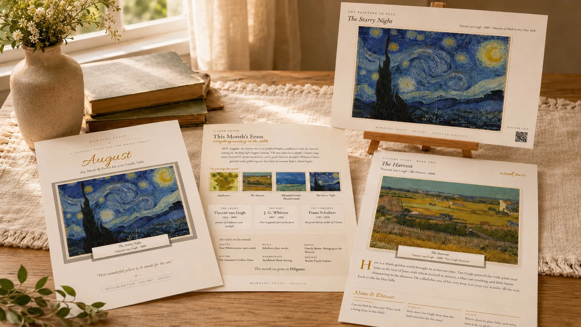 August Morning Feast pages laid out on a table, featuring Van Gogh's Starry Night